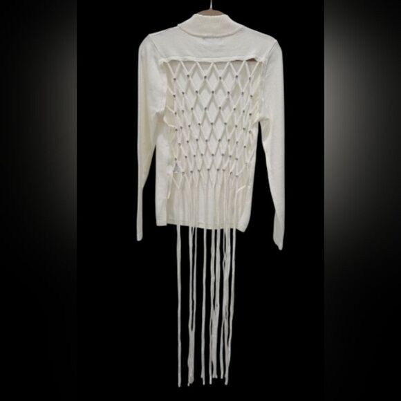 AKIRA Make You Mine Cream fringe Backless Rhinestone Mock Neck Sweater , NWT - Picture 2 of 8
